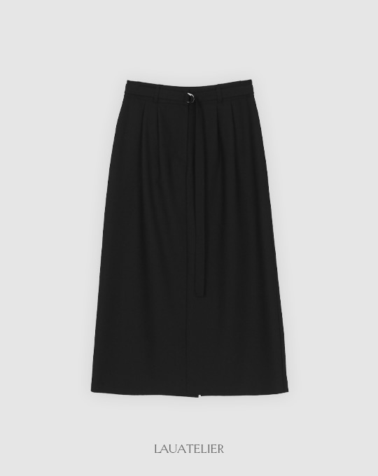 [LAUATELIER] Ruber strap pin tuck long skirt (Black)